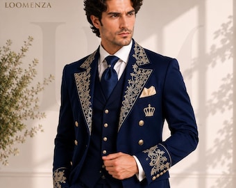 Frac militar azul marino, traje de boda victoriano, abrigo de príncipe, atuendo de novio bordado