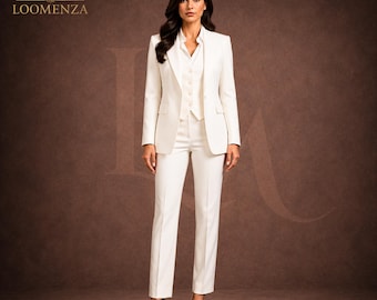 Frauen Weiß Hosenanzug, Elfenbein 3-teiliger Anzug Frauen, Braut Hosenanzug, Formelle Business Anzug, Maßgeschneiderte Hochzeitsanzug