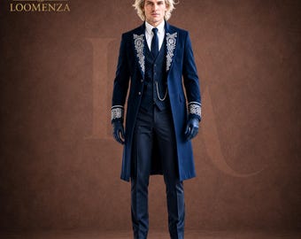 Royal Blue Tailcoat Suit Men, Victorian Wedding Coat, Gothic Prince Suit, Embroidered Formal Suit, Custom Groom Outfit, Regency Tailcoat