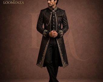 Sherwani da sposo per uomo, Sherwani indo-occidentale nero, abito da sposo regale, cappotto da sposo ricamato, Sherwani su misura per uomo