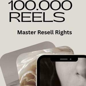 Puede incluir: Imagen con el texto "100.000 REELS" y "Master Resell Rights" en fuente negra. El fondo presenta un smartphone con una imagen en escala de grises de un rostro y formas abstractas con un patrón floral beige y blanco.