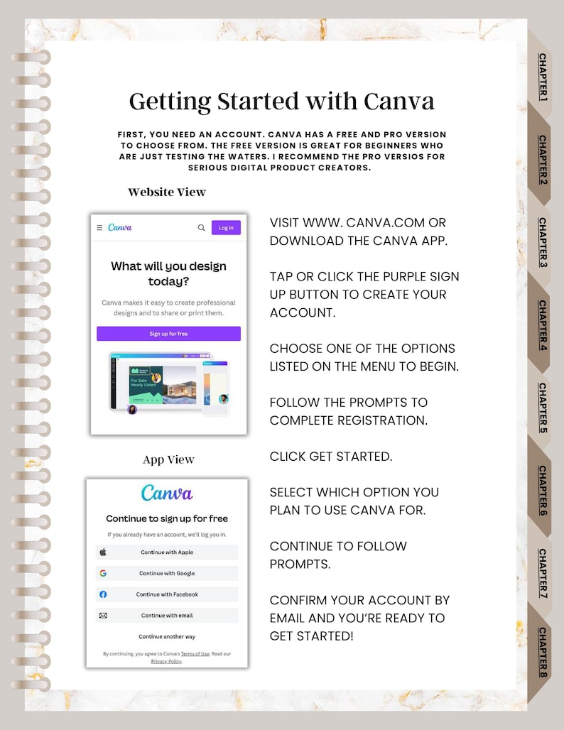 May include: A guide titled "Getting Started with Canva" on a spiral notebook. The page includes website and app views, with instructions to sign up and create an account. The Canva logo and website address are visible.
