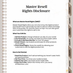 May include: A digital document titled "Master Resell Rights Disclosure" with text explaining MRR. The document is designed to look like a notebook with a spiral binding and chapter tabs on the right side. The text explains what MRR is and how to use it.