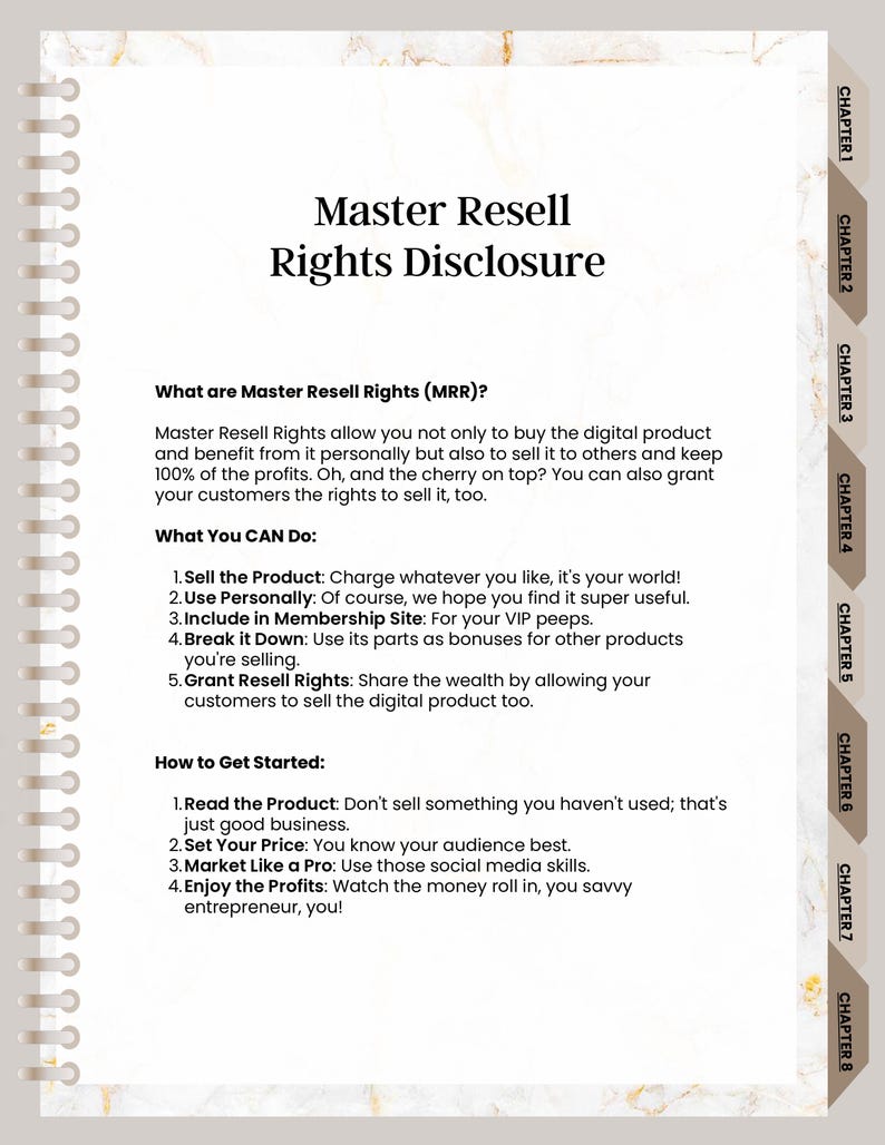 May include: A digital document titled "Master Resell Rights Disclosure" with text explaining MRR. The document is designed to look like a notebook with a spiral binding and chapter tabs on the right side. The text explains what MRR is and how to use it.