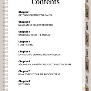 May include: A digital notebook page with the title "Contents" in bold black font. The page lists chapters with titles such as "Getting Started with Canva" and "Adding Your Digital Products in Stan Store". The notebook has a spiral binding and a marble-patterned border.