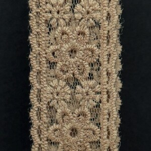 Close-up of intricate beige lace ribbon showing delicate floral embroidery pattern.