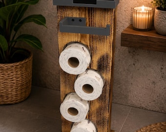 Freistehender Toilettenpapierhalter aus Holz mit Handyanlage | Ablagefach – Rustikal geflammt | WC Rollenhalter | Badezimmer Organizer Luxus