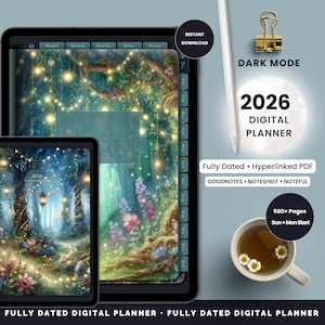 2026年 ダークモード デジタルプランナー | 魅惑の夜のテーマ | 日付付きハイパーリンク付きPDF | GoodNotes、Noteshelf、Noteful