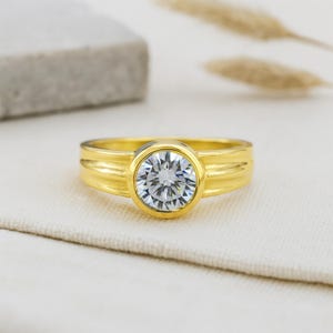 14K Gold Moissanite Ring: Minimalist Bezel Set Engagement Wedding Jewelry