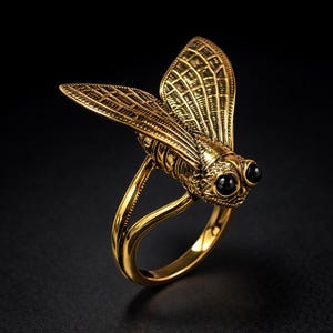 May include: A gold-coloured ring shaped like a fly, featuring detailed wings and black gemstone eyes. The ring has a smooth, polished band. The fly's body is intricately designed, set against a dark background.