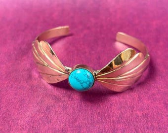14K Gold Plated Open Bangles Bracelet with Turquoise Stone, For women