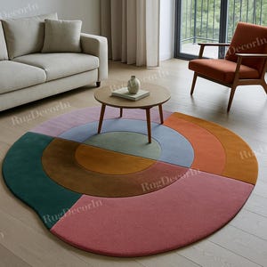 Colorful Round Geometric Rug – Hand Tufted Modern Circle Carpet for Living Room Bedroom Nursery Office | Custom Handmade Floor Art 8x8
