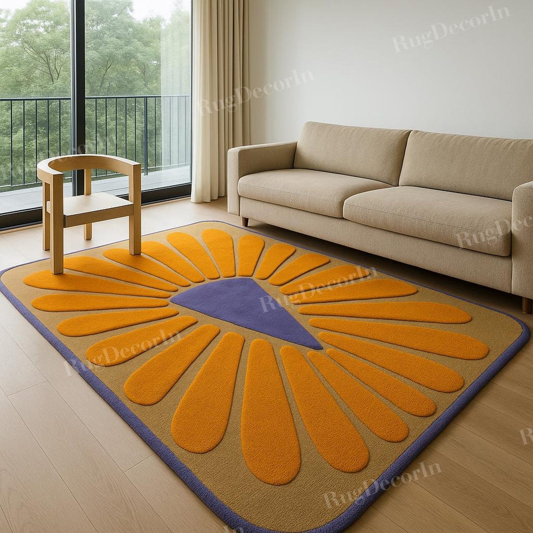 Retro Flower Power Rug – Bold Orange Purple Geometric Area Carpet, Mid ...