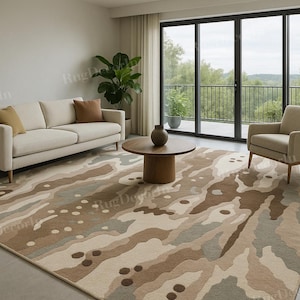 Hand-Tufted Earth Tone Wool Rug | Abstract Pattern Beige Brown Cream Modern Area Carpet for Living Room or Bedroom | 8x10, 9x12, 12x18