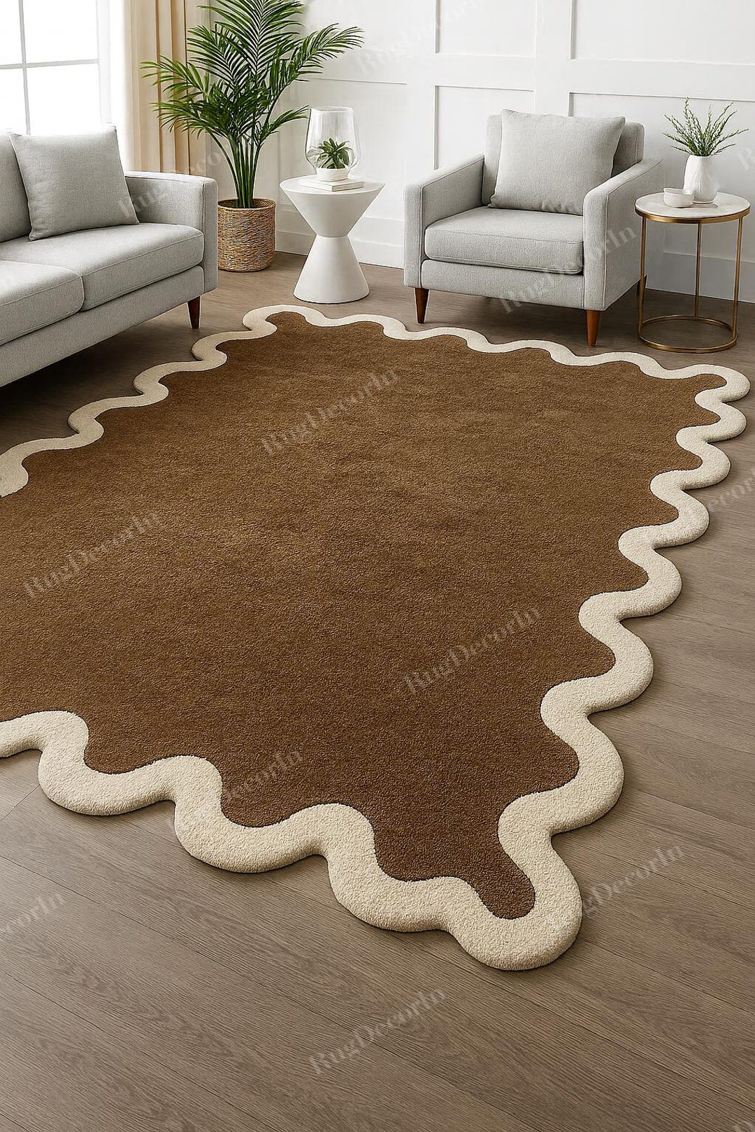 Sculpted Brown Rug With Cream Curvy Edges – Modern Wool Carpet for ...