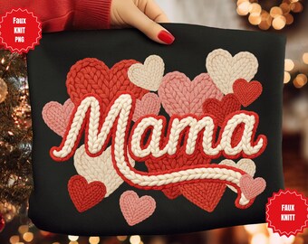 Preppy Valentines Faux Yarn PNG, Crochet Hearts, Mama Valentine Holiday Shirt Boutique Sublimation and Dtf Png, Coquette Style Trendy