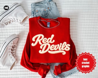 Preppy Red Devils faux chunky yarn PNG, Simple Sports Team, Varsity PNG, Sublimation and DTF Png, Faux yarn Mascot, Local Boutique Coquette