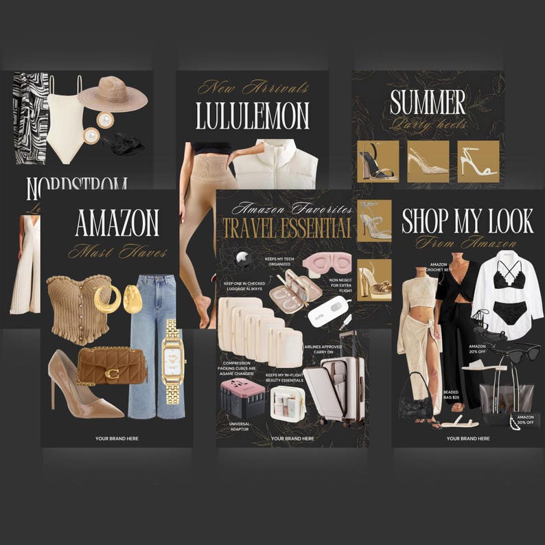 May include: A collage of fashion items and accessories, including clothing, shoes, and travel essentials. The image features text overlays such as "Lululemon," "Amazon Must Haves," and "Shop My Look." The color palette includes black, white, beige, and gold.
