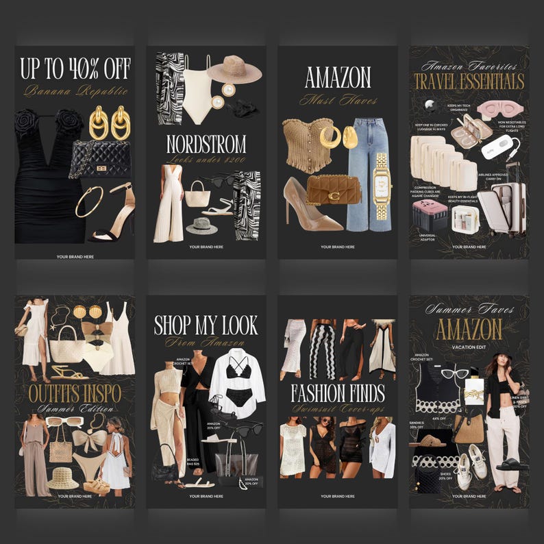 May include: A collection of fashion-focused graphics on a black background. The graphics showcase various outfits and accessories, including dresses, handbags, shoes, and jewelry. Text includes "UP TO 40% OFF," "NORDSTROM," "AMAZON," and "SHOP MY LOOK."