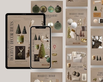 May include: A digital display of holiday decor ideas, featuring a tablet and smartphone. The screens showcase Christmas ornaments, candles, and decorative trees. Text includes "Holiday Decor Ideas" and "Last-Minute Find for Holiday."