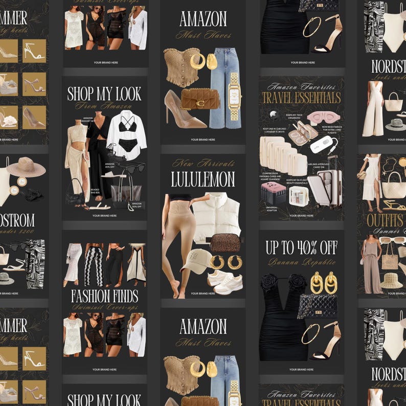 May include: A collage of fashion items, including clothing, shoes, and accessories, arranged on a dark background. Featured items include a corset top, jeans, heels, a watch, and a handbag. The image also includes text such as "Amazon Must Haves" and "Lululemon".