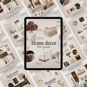 Può includere: Un tablet digitale mostra un catalogo di arredamento per la casa con vari mobili e accessori. Il catalogo presenta immagini di divani, sedie, lampade e oggetti decorativi, con il testo "Home decor, New season."