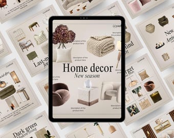 May include: A digital tablet displays a home decor catalog with various furniture and accessories. The catalog features images of sofas, chairs, lamps, and decorative items, with text that reads "Home decor, New season."