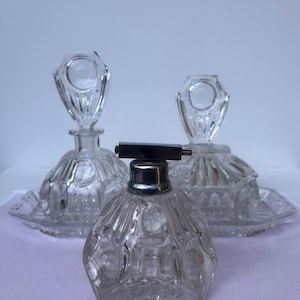 Vintage Crystal Vanity Set | 3-Piece Perfume Bottle Set with Tray | Art Deco Style Glass | Mid-Century Dressing Table Decor