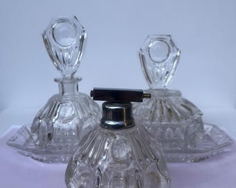 Vintage Crystal Vanity Set | 3-Piece Perfume Bottle Set with Tray | Art Deco Style Glass | Mid-Century Dressing Table Decor