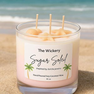 Könnte beinhalten: Ein Glas-Kerze mit drei Dochten, gefüllt mit weißem und rosa Wachs, verziert mit Muscheln. Das Etikett lautet "The Wickery Sugar Soleil" und "Hand Poured Soy Coconut Wax 454g".