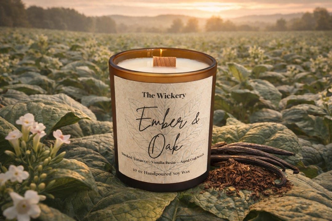 ember and tobacco candle Tobacco Vanilla Soy Candle: Ember & Oak, Wooden Wick