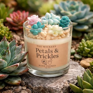 May include: A clear glass candle with a light-colored wax base and a decorative top featuring colorful succulent-shaped embellishments. The candle has a label that reads "Petals & Prickles" and "Hand Poured 14 oz.". The candle is surrounded by various succulents.