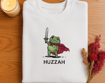 Embroidered Huzzah Frog with Sword Shirt, Embroidered Medieval Frog Shirt, Funny DnD T-Shirt, Renaissance Faire Frog Gift
