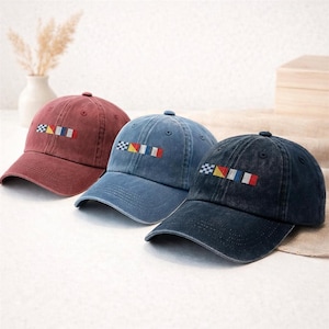 Name in Nautical Flags Personalized Vintage Washed Baseball Cap, Custom Maritime Signal Flag Hat with Name, Sailing Boating Gift for Men