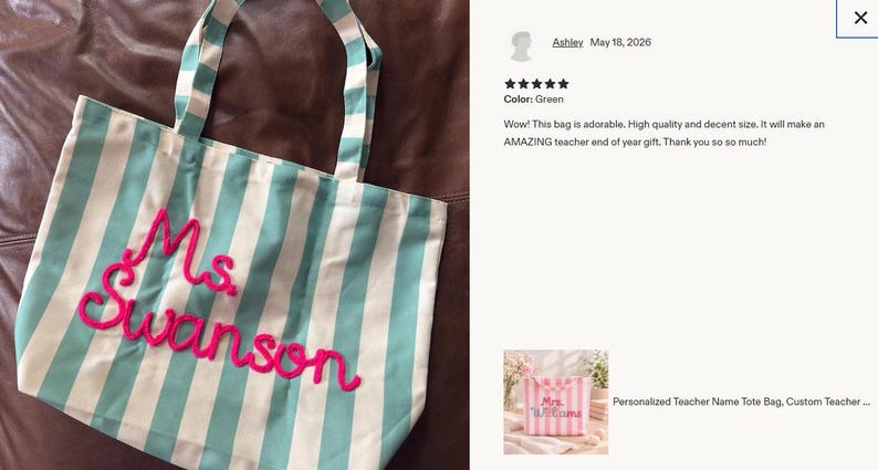 May include: A striped tote bag with teal and white vertical stripes. The bag features the name "Ms. Swanson" embroidered in bright pink. The bag has matching teal and white handles.