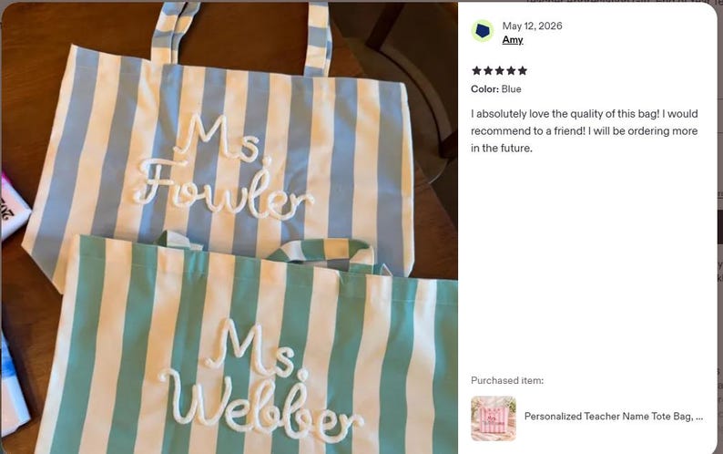 May include: Two striped tote bags, one blue and white, the other teal and white. Each bag has a name embroidered on it in white script: "Ms. Fowler" and "Ms. Webber". The bags have handles for carrying.