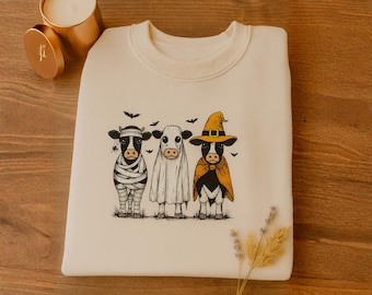 Embroidered Cows Halloween Sweatshirt, Halloween Ghost Cows Sweatshirt, Spooky Cows Halloween Gifts, Cow Lovers Halloween, Halloween Shirt