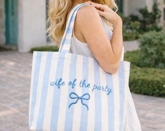 Custom Embroidered Tote Bag Wife of the Party Personalized Text Striped Bridal Gift Bachelorette Beach Bag Future Mrs Wedding Tote