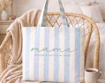 Personalized Mama Tote Bag with Kids Names, Custom Embroidered Striped Canvas Tote, Mother’s Day Gift for Mom, Mama Beach Bag