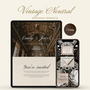 Peut inclure: Maquette de site web de mariage numérique sur tablette et smartphone. Le site web présente un thème neutre vintage avec le texte "Vintage Neutral WEDDING WEBSITE". La tablette affiche "Emily & Jacob" et "You're invited". Le smartphone affiche "Save the Date" et "Registry".
