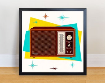 Puede incluir: Una radio vintage Panasonic con un gabinete de madera y una cara plateada. La radio está colocada sobre un fondo de formas geométricas coloridas y estrellas.