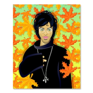 May include: A digital illustration of a man with dark hair and a black shirt. He is wearing glasses and a silver necklace with a symbol. The background is a pattern of orange and green maple leaves.