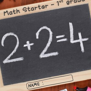 Può includere: Una lavagna con l'equazione 2 + 2 = 4 scritta con gesso bianco. La lavagna è etichettata "Math Starter - 1st grade" e ha uno spazio per un nome. Pastelli colorati, un temperamatite, un righello e un pennarello rosa sono disposti intorno alla lavagna.