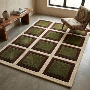 Hand Tufted Wool Rug: Olive Green Square Grid, Brown Border Modern Carpet