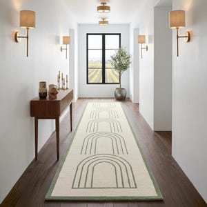 Hand Tufted Runner Rug 2.5x10 & 3x10 Ivory Sage Green Geometric Arch Pattern Minimalist Modern Hallway Carpet Runner