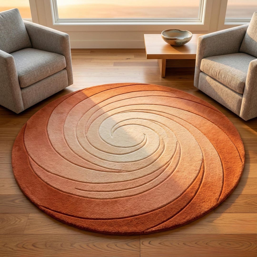 Hand Tufted Wool Rug Round Spiral Design Beige Terracotta Modern Area ...