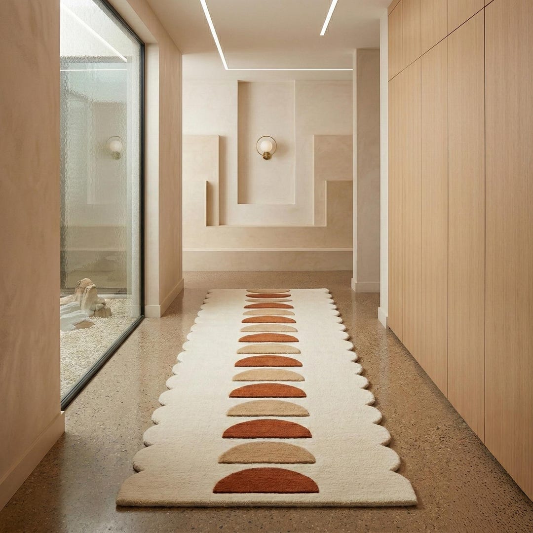 Hand Tufted Wool Rug With Arched Pattern and Scalloped Edge Beige Rust ...