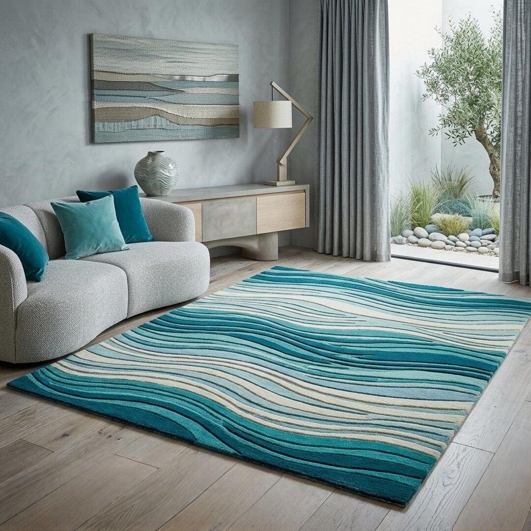 Hand Tufted Wool Rug: Teal Wave Abstract Modern Carved Area Rug - Etsy