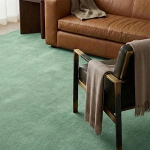 Pode incluir: Um tapete verde-sálvia com textura macia, posicionado sob um sofá de couro castanho com uma manta de malha bege, uma mesa de apoio de madeira escura com um vaso de cerâmica e uma poltrona de metal escuro com uma manta bege com franjas.