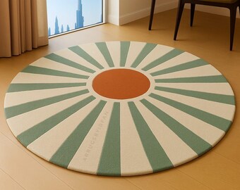 Hand Tufted Round Wool Rug Sunburst Design Mid Century Modern Circular Area Carpet